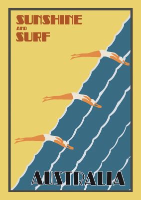 An unframed print of australia travel illustration in yellow and blue accent colour