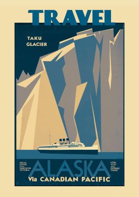 An unframed print of alaska travel illustration in blue and beige accent colour