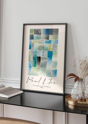 An unframed print of paul klee first house in a settlement 1926 a famous paintings illustration in blue and beige accent colour