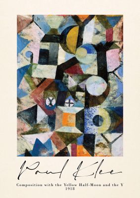 An unframed print of paul klee composition with the yellow half moon and the y 1918 a famous paintings illustration in multicolour and beige accent colour