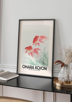 An unframed print of ohara koson two veil goldfish 1926 a famous paintings illustration in green and orange accent colour