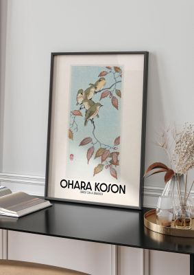 An unframed print of ohara koson birds on a branch a famous paintings illustration in turquoise and beige accent colour