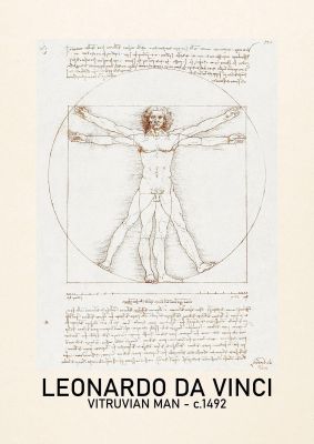 An unframed print of leonardo da vinci vitruvian man 1492 famous paintings graphic in beige and white accent colour