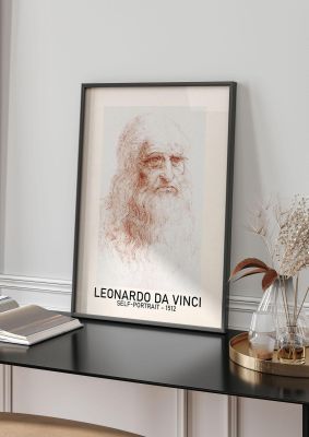 An unframed print of leonardo da vinci self portrait 1512 famous paintings illustration in beige and white accent colour