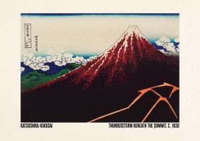 An unframed print of katsushika hokusai thunderstorm beneath the summit c1830 a famous paintings illustration in pink and beige accent colour