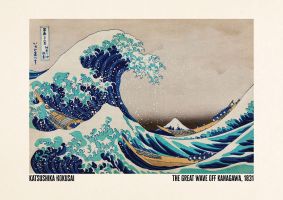 An unframed print of katsushika hokusai the great wave off kanagawa 1831 a famous paintings illustration in aquamarine and beige accent colour