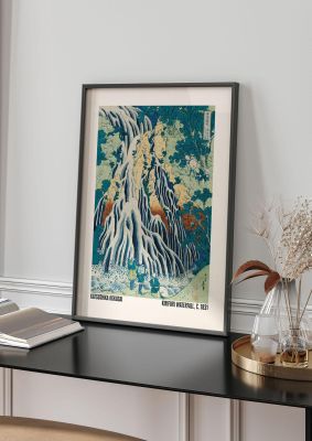 An unframed print of katsushika hokusai kirifuri waterfall c1831 a famous paintings illustration in green and beige accent colour