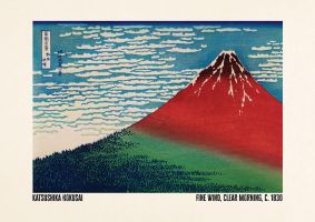 An unframed print of katsushika hokusai fine wind clear morning c1830 a famous paintings illustration in turquoise and beige accent colour
