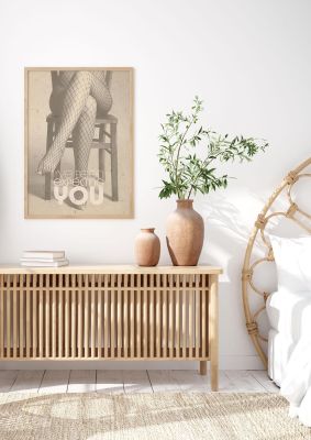 An unframed print of ive been expecting you fishnets graphical illustration in beige and white accent colour