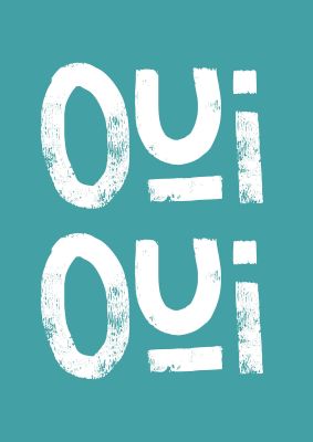An unframed print of green oui oui graphical geometric in blue and white accent colour