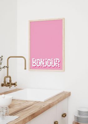 An unframed print of bonjour funny slogans in pink and white accent colour
