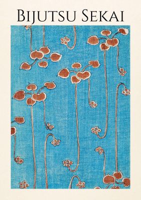 An unframed print of bijutsu sekai vine illustration in blue and orange accent colour
