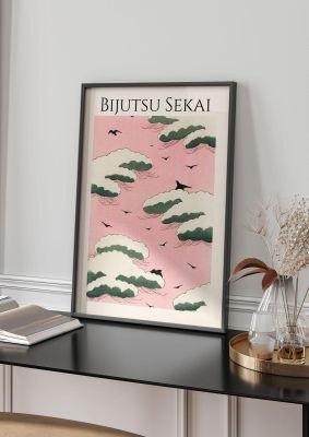 An unframed print of bijutsu sekai pink sky illustration in pink and black accent colour