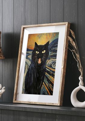 Expressive Black Cat Against Fiery Swirls Art Poster