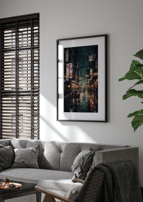 Rainy Tokyo Street at Night Illustration Print
