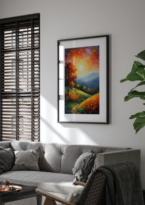 Vivid Autumn Landscape Painting with Sun