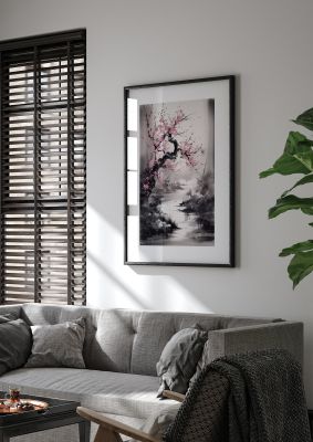 Cherry Blossom Tree and Stream Serene Sumi-e Art