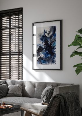 Intricate Sumi-e Wind and Waves in Black and Navy