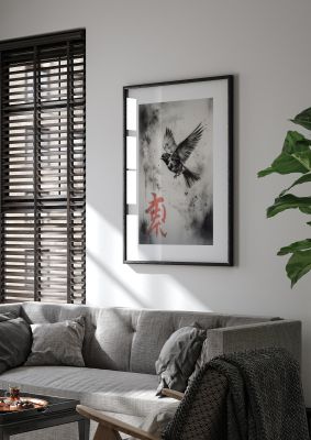 Sumi-e Art Sparrow Soaring Amidst Clouds