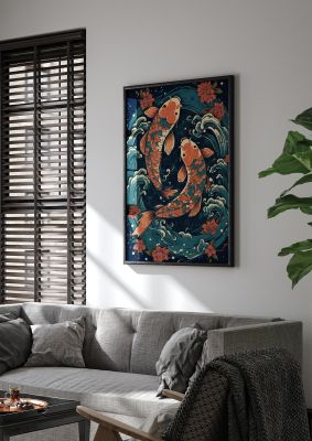 Vibrant Blue Pond with Swirling Koi