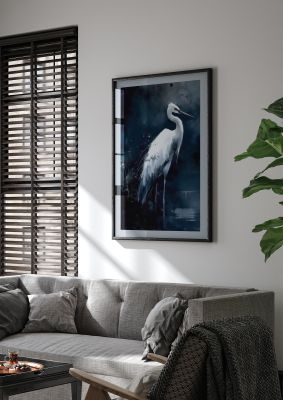 Minimalistic Sumi-e White Crane in Indigo