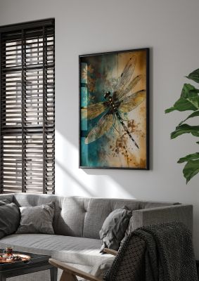 Dreamlike Dragonfly in Gold and Teal Sumi-e