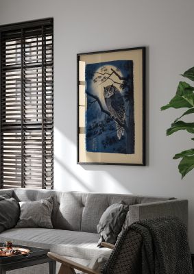 Sumi-e Night Owl in Deep Blues and Blacks