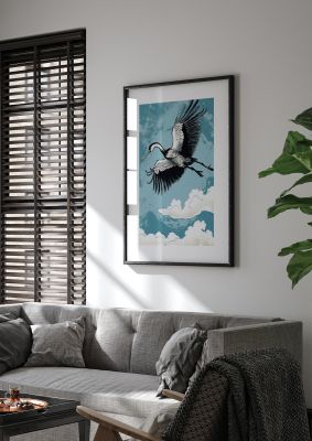 Crane Against Calm Blue Sky in Black Ink