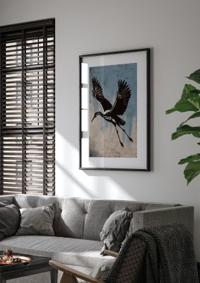 Tranquil Blue Canvas with Crane Silhouette