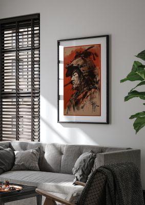 Samurai Profile on Deep Red Canvas