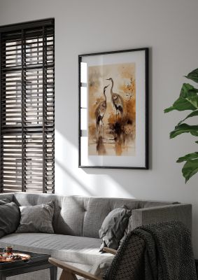 Sumi-e Artwork of Elegant Dancing Cranes
