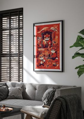 Playful Tanuki in Festival Backdrop