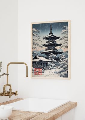 Winter Scene Woodblock Pagoda in Snow