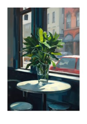 Plant on Cafe Table Against City Backdrop