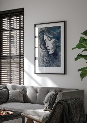 Serene Female Face in Indigo Swirl