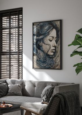 Female Face in Black Swirls and Indigo