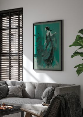 Feminine Grace in Black on Jade Canvas