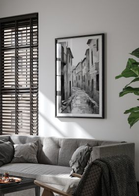 Serene Village Street in Monochrome