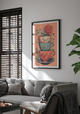 Floral Trio of Cups Risograph Art