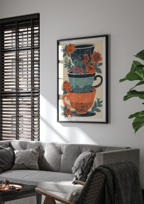 Exquisite Trio of Floral Cups Risograph