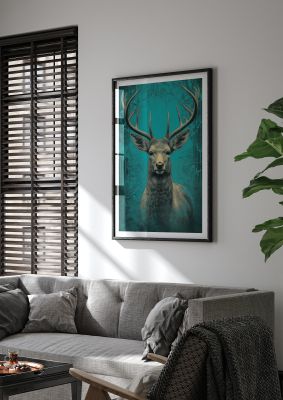 Vigilant Deer Ink Drawing on Teal