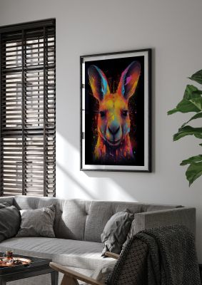 Neon Kangaroo Headshot with Vibrant Paint Drops