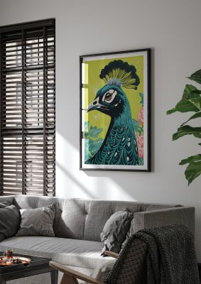 Peacock Risograph Print with Emerald Backdrop