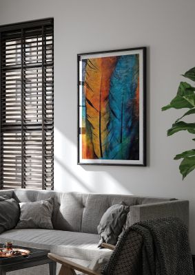 Colourful Feather Artwork in Orange and Blue - Contemporary Design