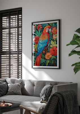 Vibrant Parrot in Botanical Garden - Detailed Wall Art