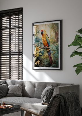 Colourful macaw parrot perched on a branch in tropical rainforest art