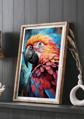 Close-up of vibrant macaw parrot with geometric background