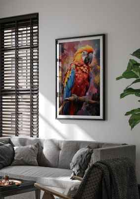Vibrant macaw parrot perched on a branch with colourful background