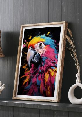 Bold and vibrant macaw parrot on a dark abstract background