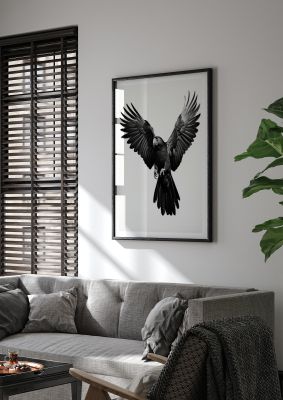 Powerful black macaw parrot in flight monochrome art